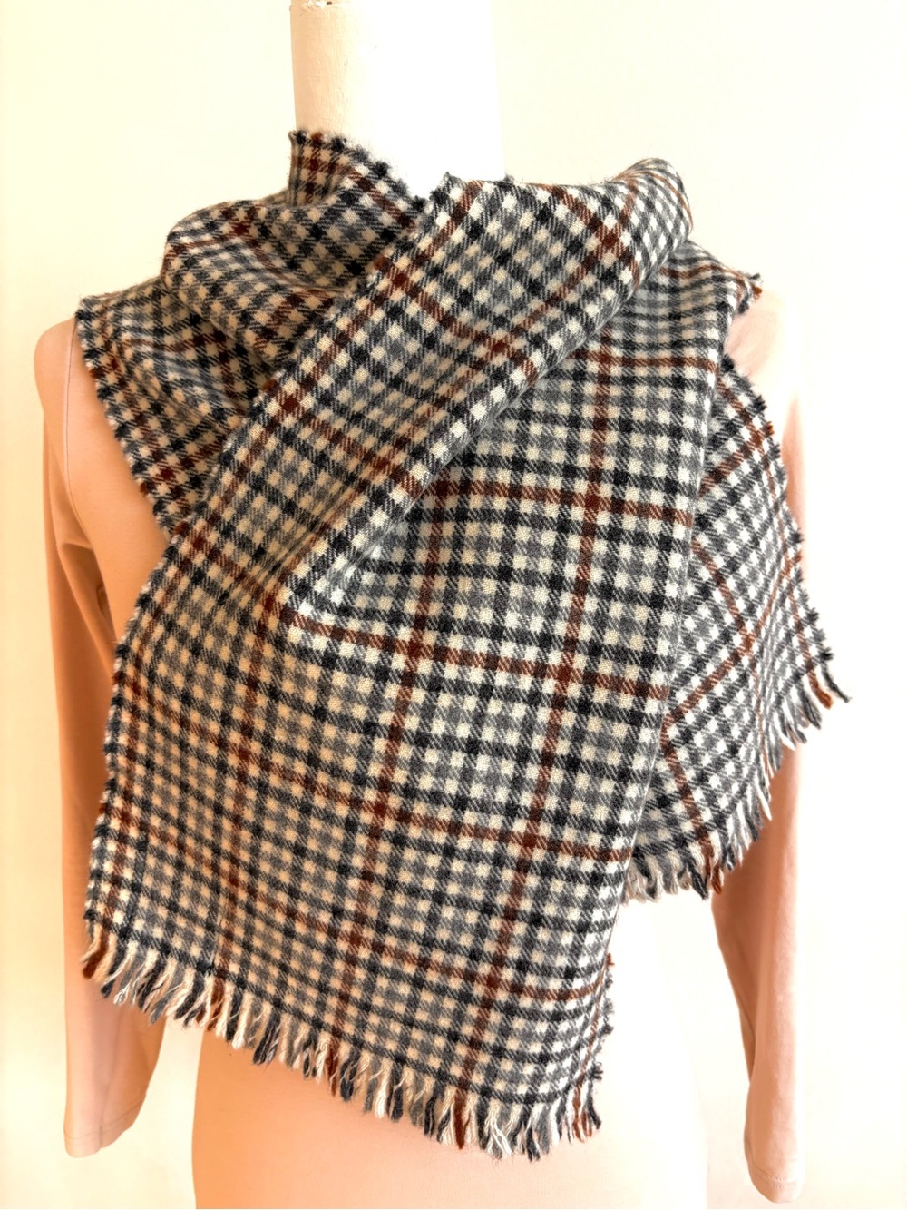 VTG Eaton's Pure Wool Scarf Plaid Made in Scotland, Brown Grey Unisex